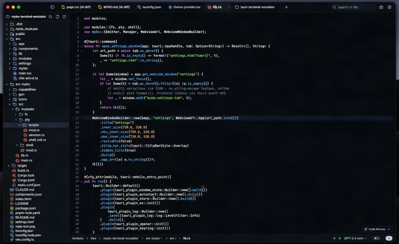 Myko code editor showing a Rust file with an inline diff view open